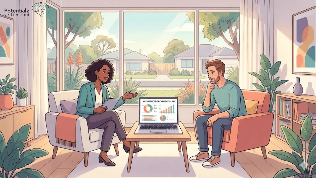 A therapist and a client discuss a personalized AI-enhanced treatment plan in a cozy, light-filled office setting.