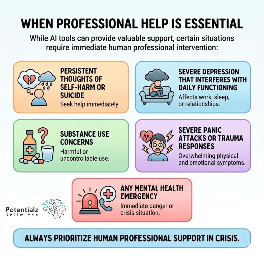 When Professional Help is Essential: Guidance on seeking immediate human support for mental health crises, including thoughts of self-harm, severe depression, substance use concerns, panic attacks, and other emergencies.