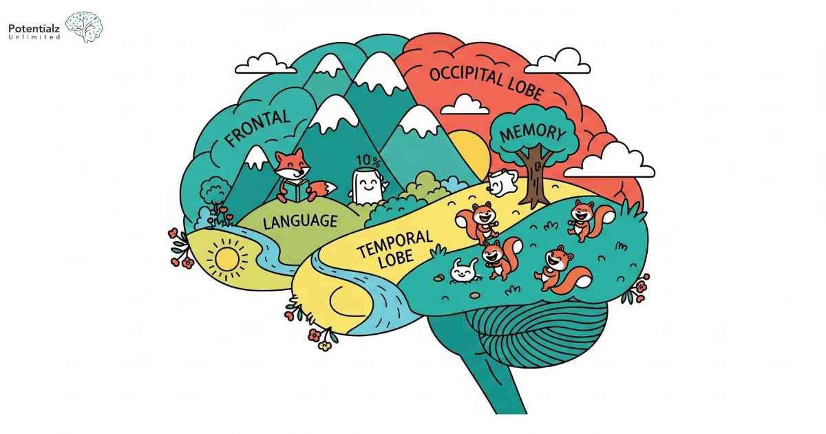 An illustrated brain map for children, featuring colorful landscapes and playful cartoon characters, highlighting cognitive regions like the frontal lobe and memory areas.