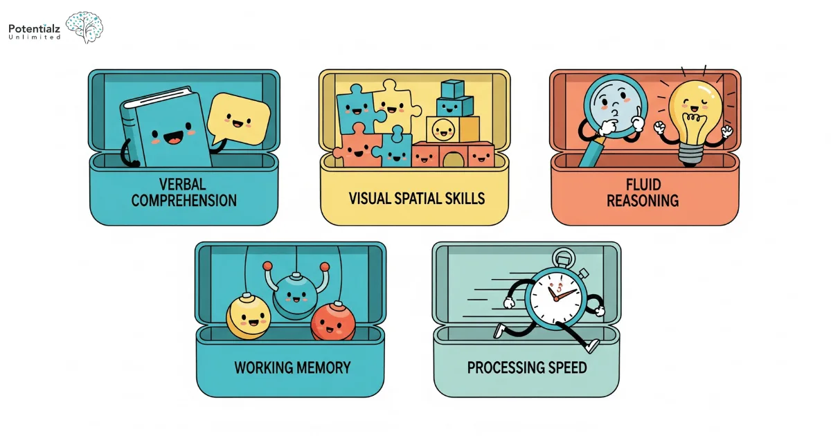 
Colorful toolboxes labeled with WISC areas—Verbal Comprehension, Visual Spatial Skills, Fluid Reasoning, Working Memory, and Processing Speed—feature playful cartoon tools to help children and parents understand cognitive skills.