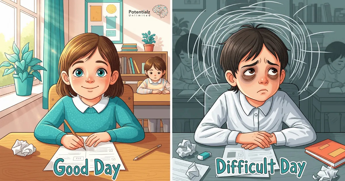 Thriving on the left, struggling on the right: a child's test day can vary greatly depending on their well-being and mindset.