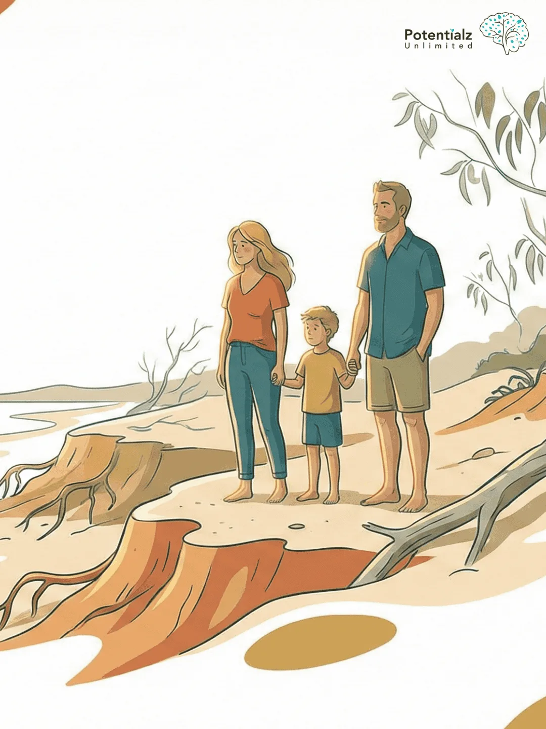 A family stands together, reflecting on the subtle signs of environmental change along a coastal landscape, symbolizing a shared commitment to understanding and addressing ecological challenges.