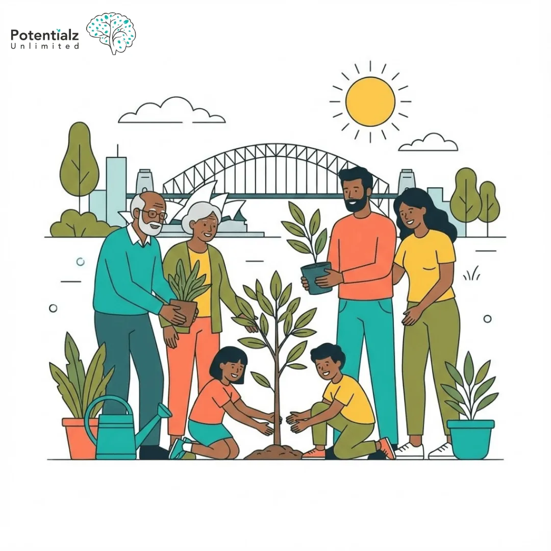 
A diverse Australian family enjoys a day of tree planting by the waterfront, fostering environmental awareness together under a bright sun.