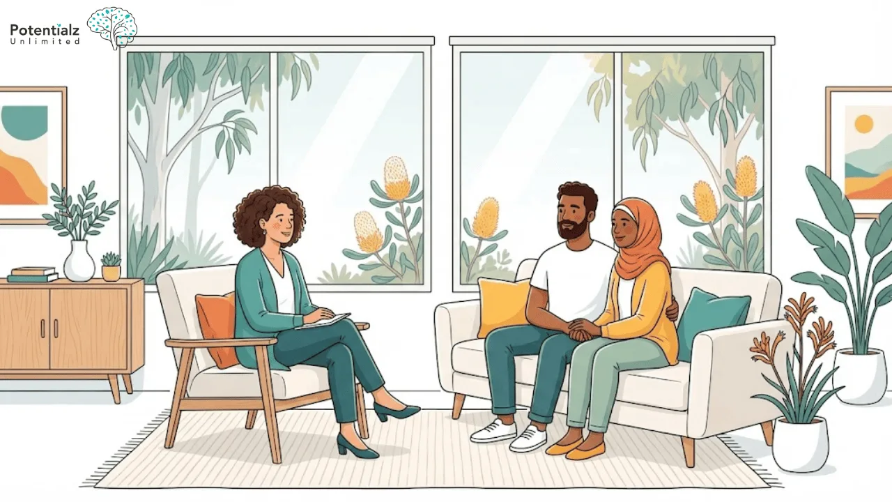 A serene therapy session unfolds as a therapist engages with a couple in a room filled with natural light and lush greenery, fostering a calm and supportive atmosphere.