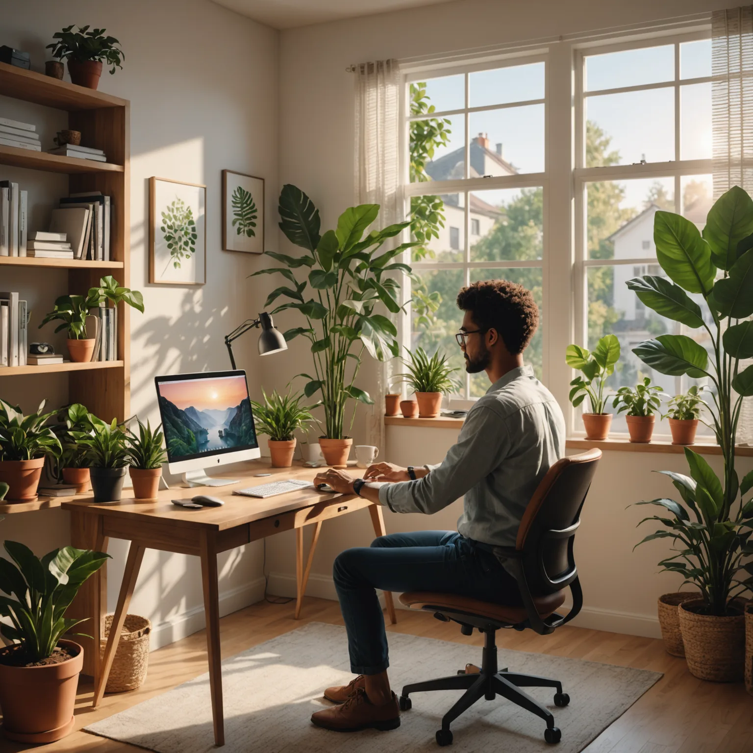 A serene and tidy study space bathed in natural light, featuring lush greenery and a comfortable setup for focused work.