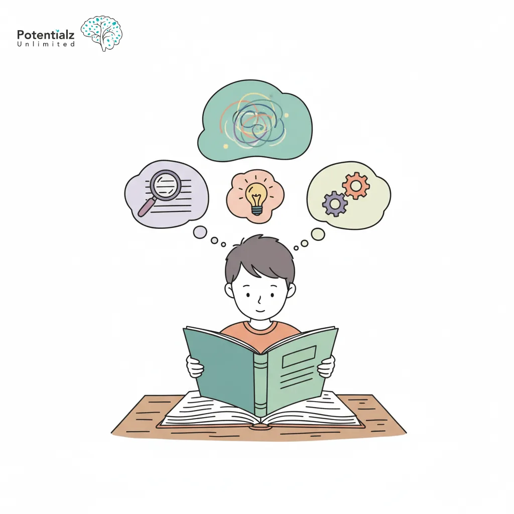 A child engrossed in a book explores a world of ideas, imagination, and understanding, with thought bubbles representing curiosity, creativity, and problem-solving.