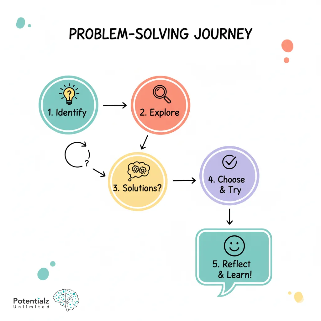 A friendly flowchart illustrating the problem-solving journey: 1. Identify, 2. Explore, 3. Solutions?, 4. Choose & Try, 5. Reflect & Learn!