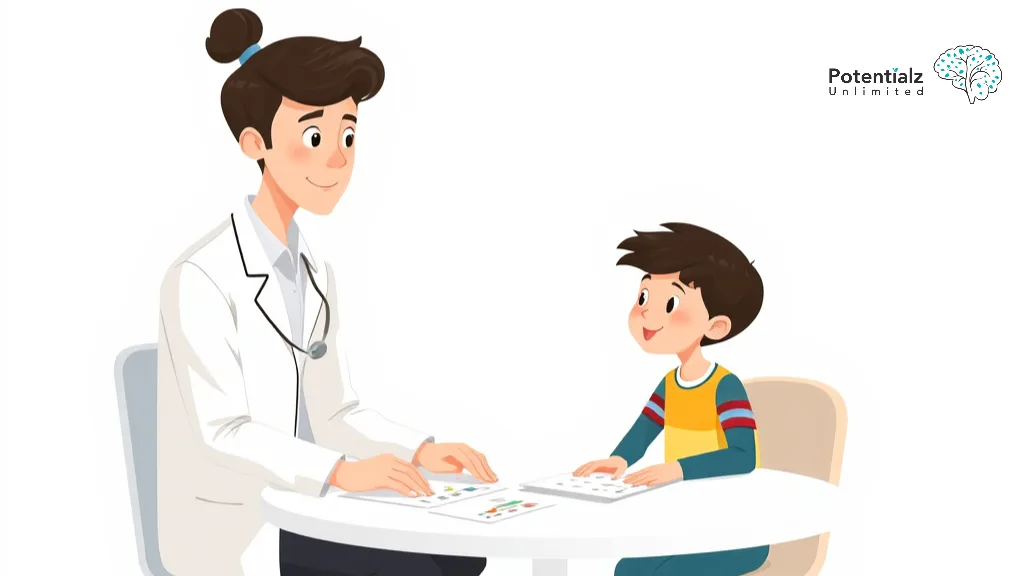 A psychologist and child engaging in a relaxed testing session, fostering a supportive and interactive environment.