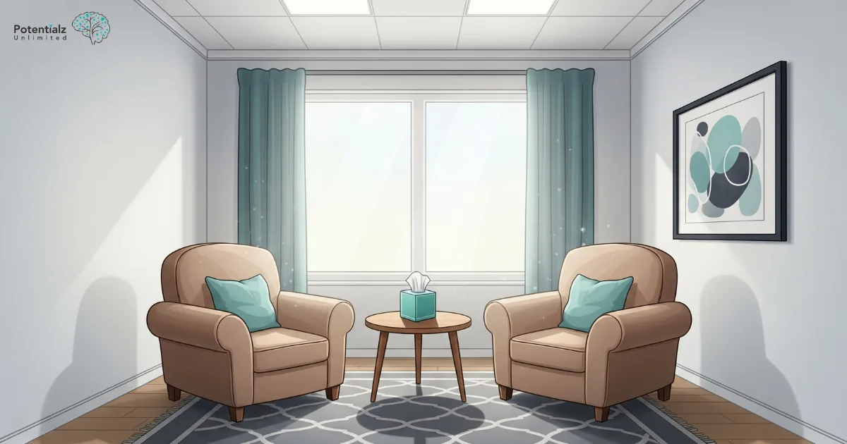 A warm and inviting psychologist's office with plush armchairs and soft lighting, offering a comfortable and professional space for clients.