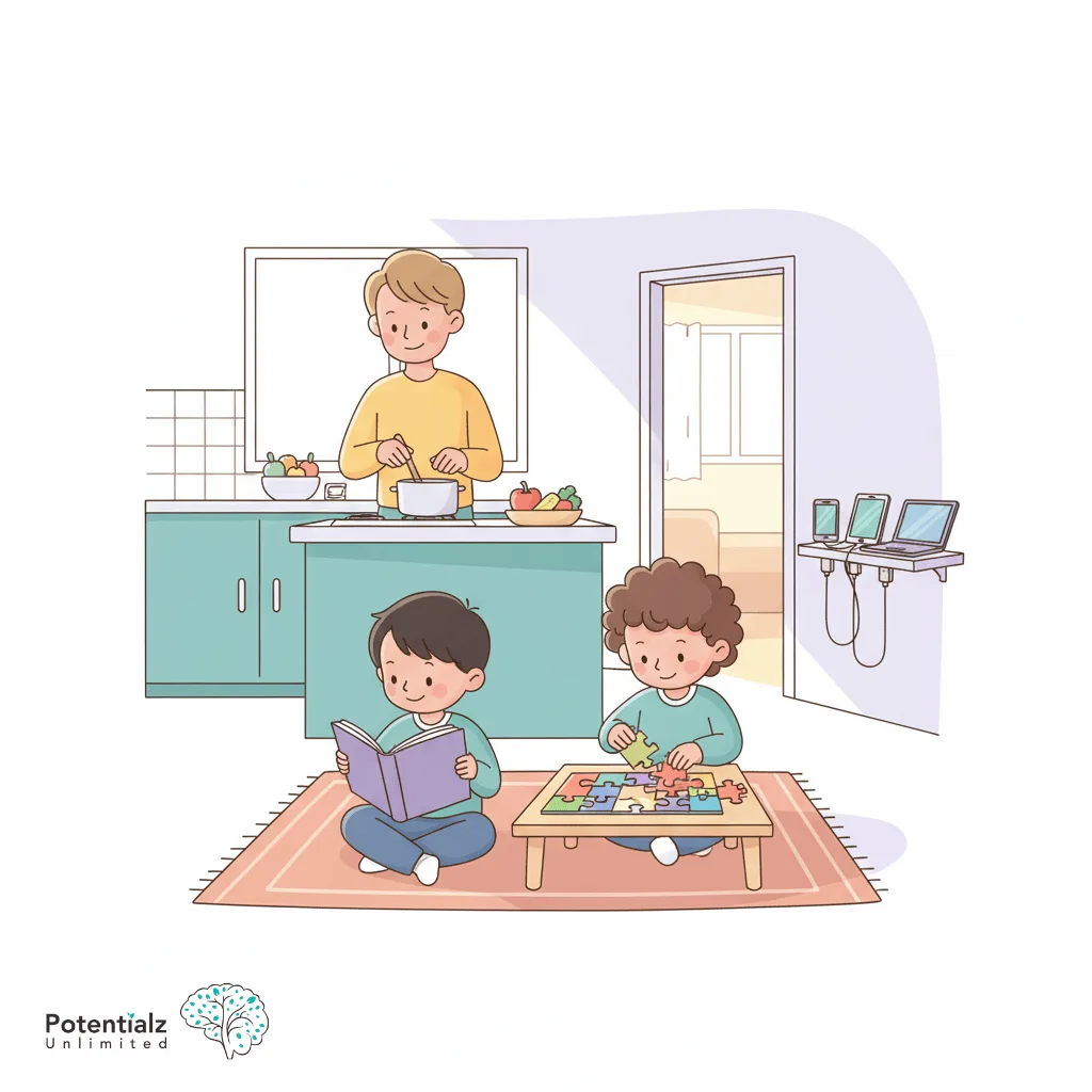 A harmonious family scene unfolds with a child engrossed in a book, another focused on a puzzle, and a parent preparing dinner, while electronic devices quietly recharge in the next room.