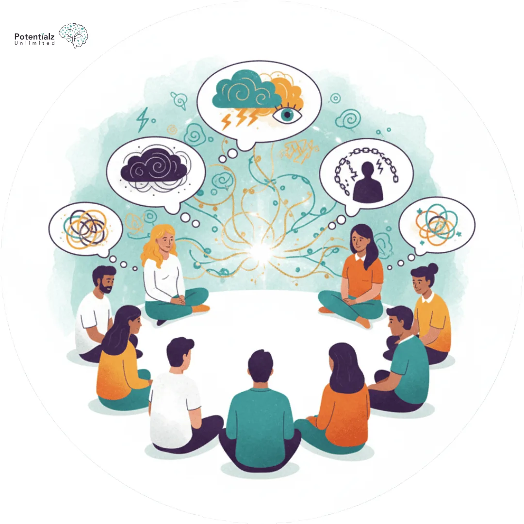 
A diverse group engages in a supportive therapy circle, using DBT skills to address various mental health challenges depicted in thought bubbles.