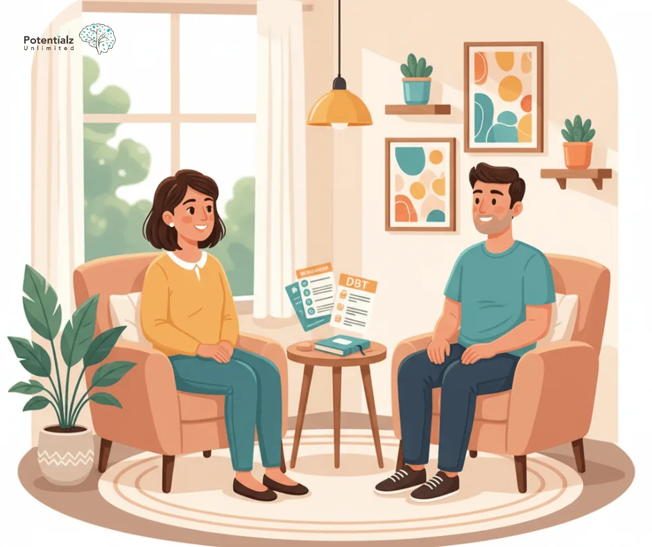 In a cozy therapy room, therapist and patient in a Dialectical Behavior Therapy (DBT) session, surrounded by calming decor and insightful materials.