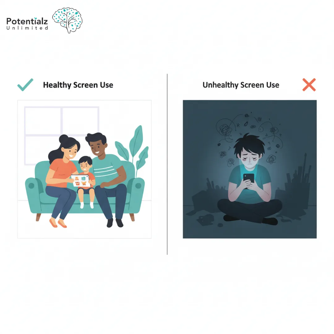 Comparison of healthy family technology use versus isolated problematic screen use showing mental health impacts