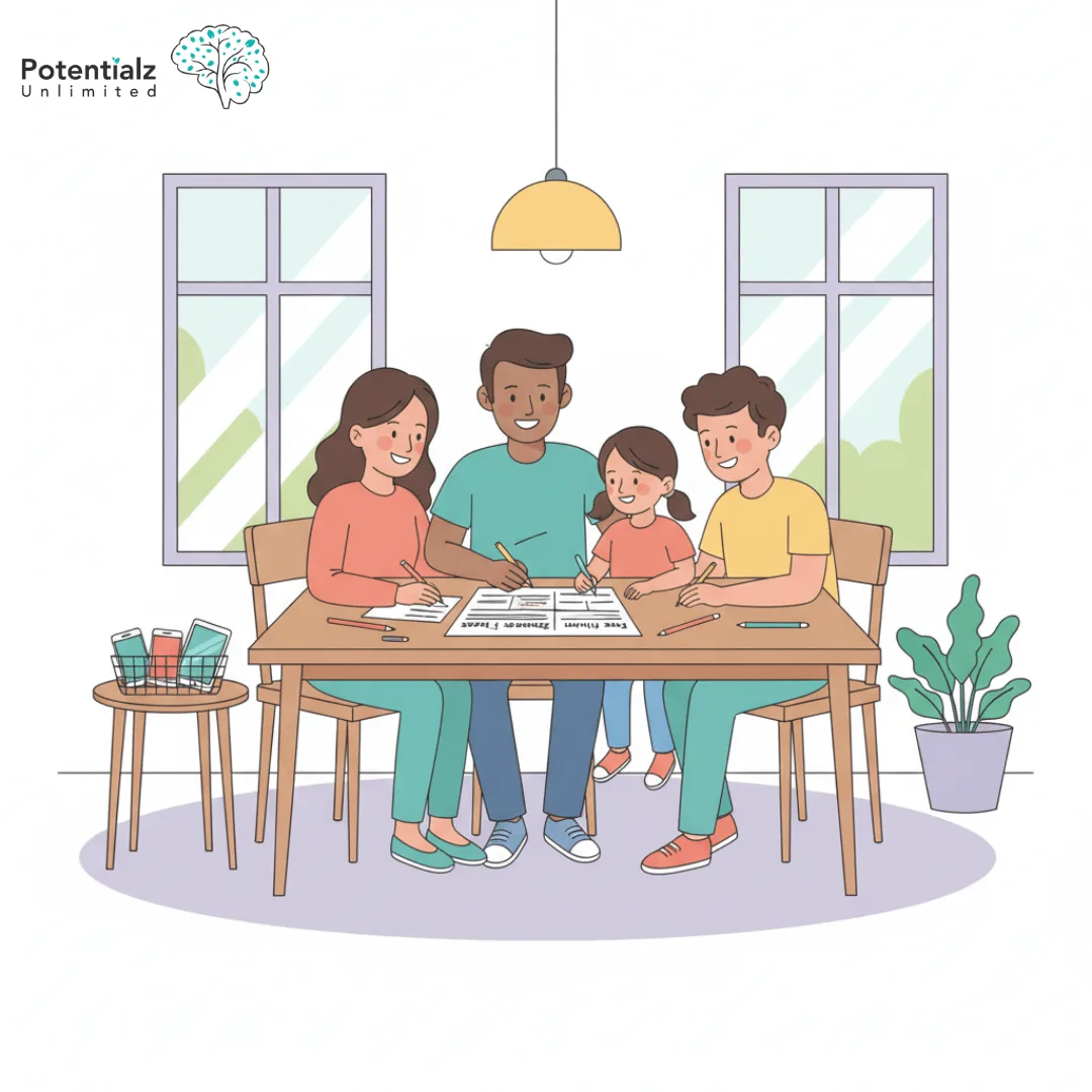 Multicultural Australian family collaborating on family media plan at dining table with devices set aside