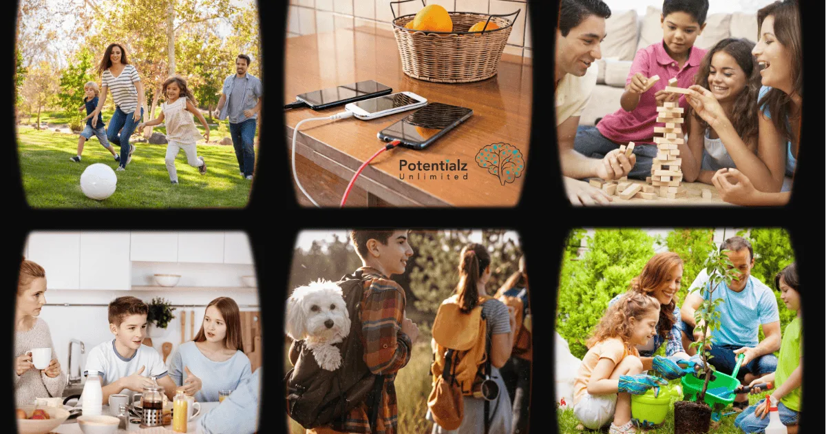 Real-life examples of digital wellness strategies including outdoor family time, device charging station, and engaged family activities