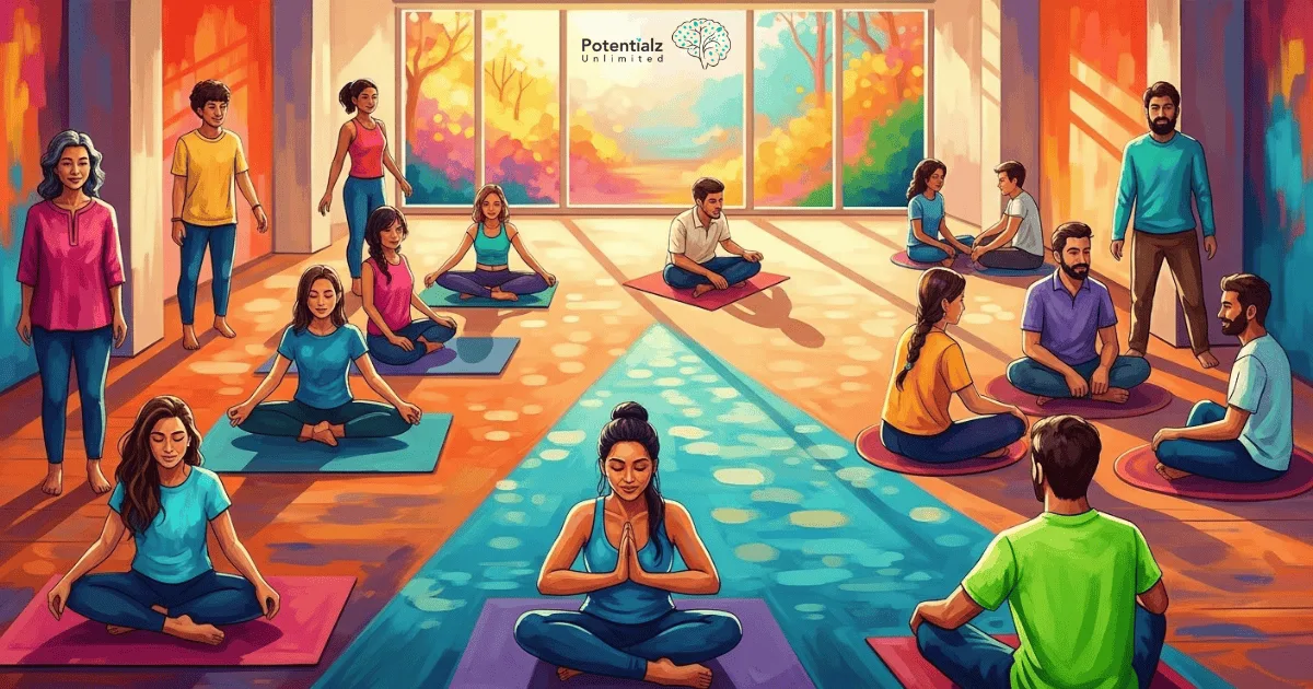 A vibrant community center alive with diverse individuals practicing yoga and engaging in meaningful conversation, bathed in the warm glow of natural sunlight.