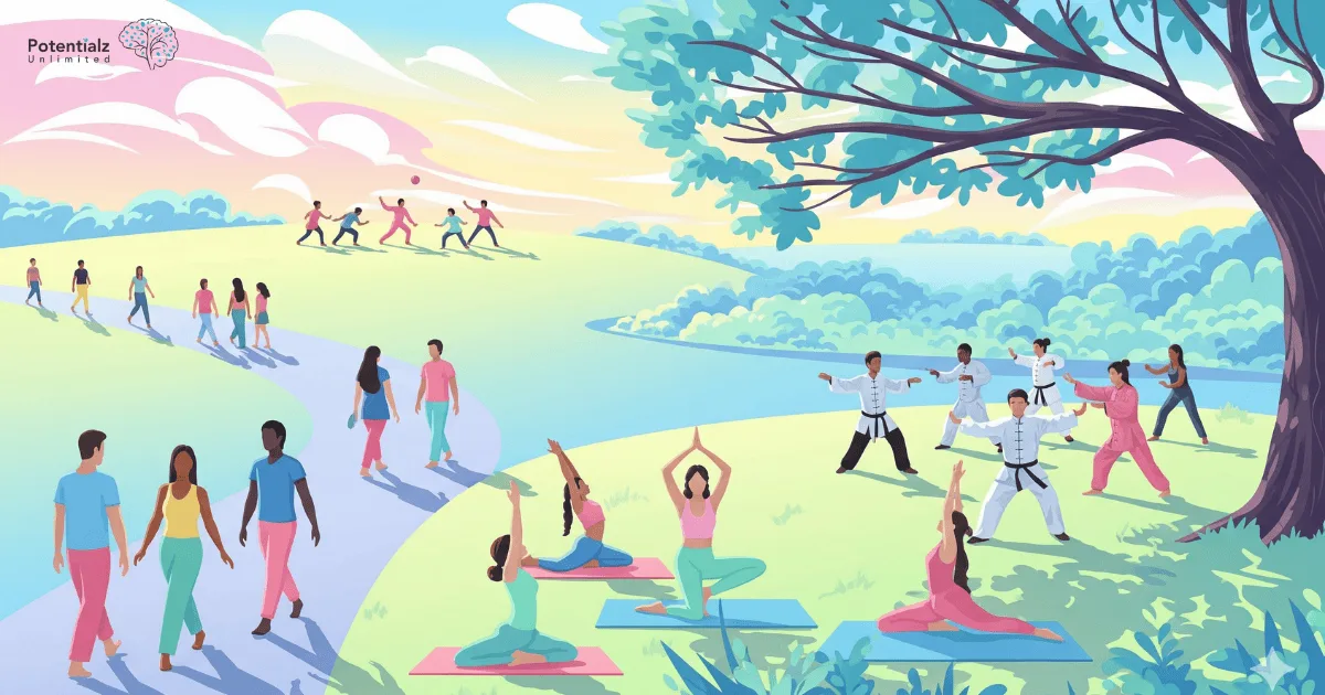 
A harmonious blend of cultures enjoying outdoor activities at a local park, featuring walking, yoga, tai chi, and group sports under a vibrant sky.