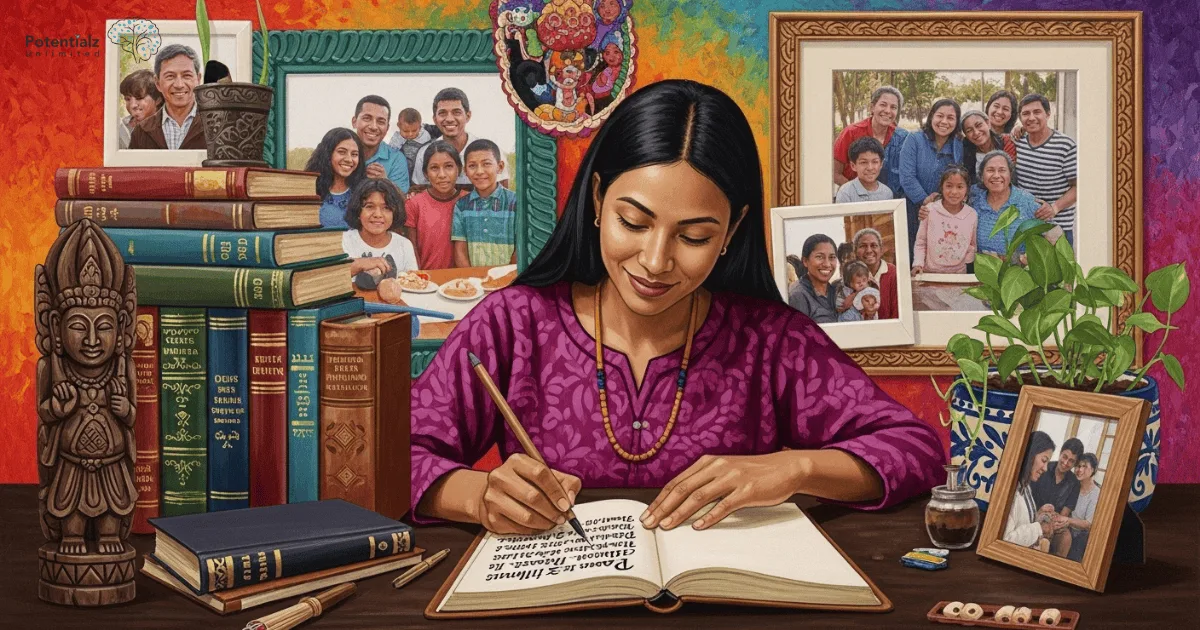 A woman immersed in journaling, surrounded by cultural artifacts, cherished family photos, and symbols of hope and growth, creating a tapestry of personal and collective history.