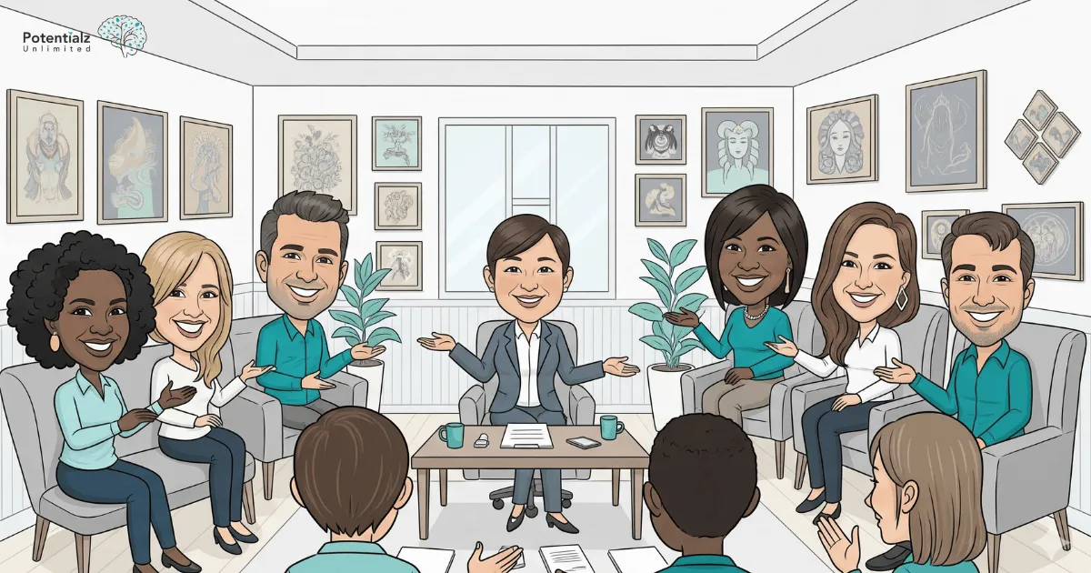 A therapy group session led by a bilingual therapist, featuring diverse individuals engaging in supportive discussions amidst culturally inspired artwork.