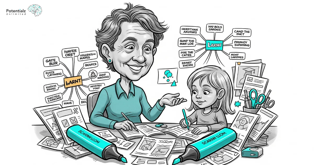 A teacher working with her student, teacher her different study skills