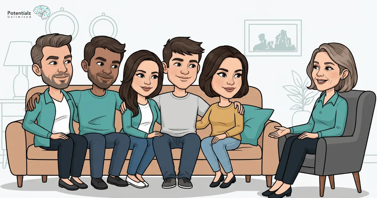 A family sitting together with a therapist