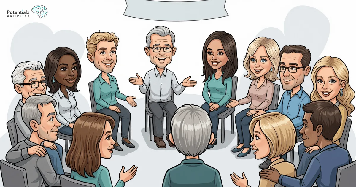 A support group circle with diverse individuals sharing and supporting each other