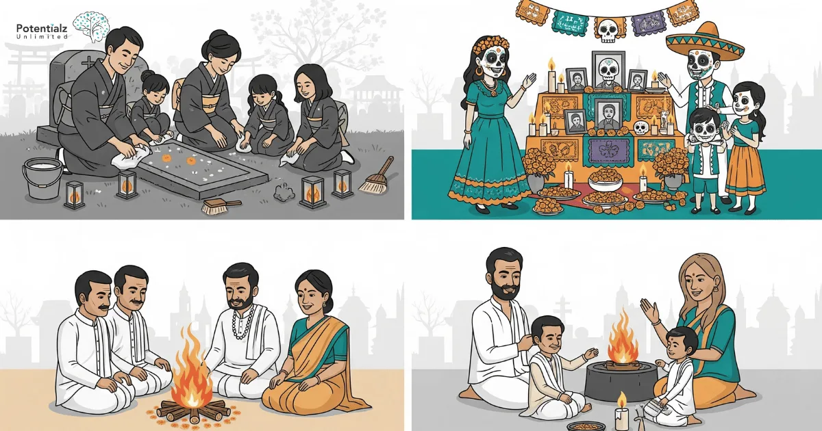 A diverse group of people in traditional dress participating in different cultural mourning rituals