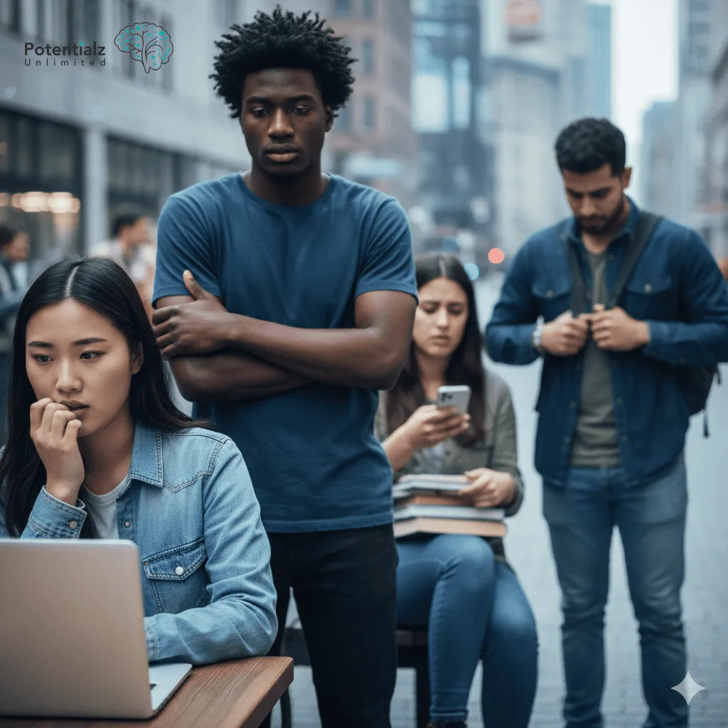Young individuals from diverse backgrounds exhibit subtle signs of anxiety, reflecting a shared sense of overwhelm and tension amidst a bustling urban setting.