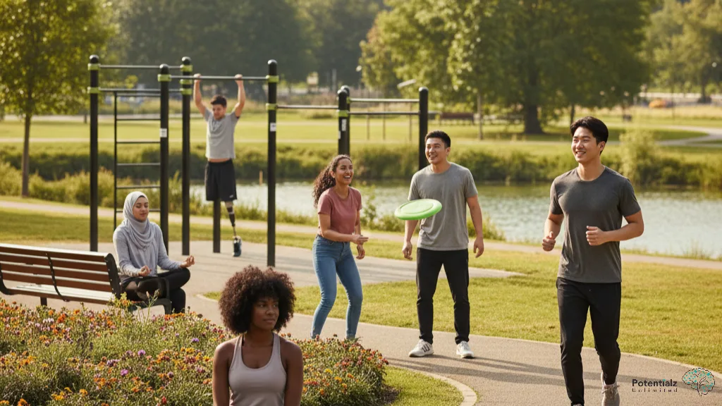 People enjoy a vibrant day at the park, engaging in various activities like jogging, yoga, and playing frisbee amidst lush greenery and flowers.