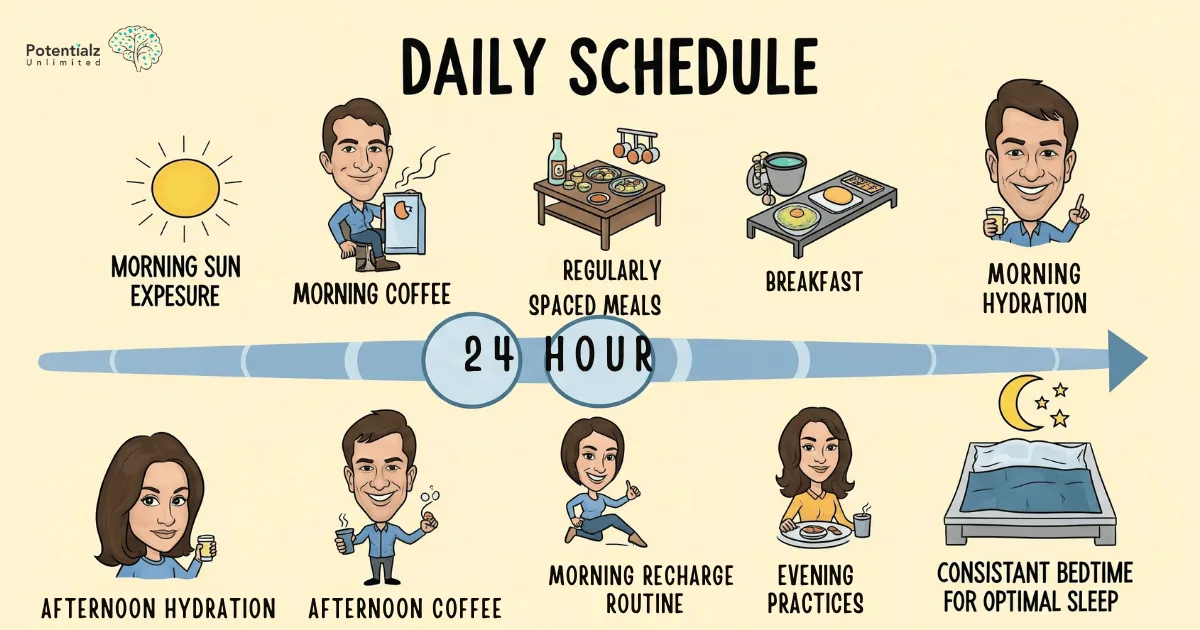 Optimized Daily Routine: From morning sun exposure and coffee to balanced meals, hydration, and evening practices, this schedule promotes wellness and restful sleep.