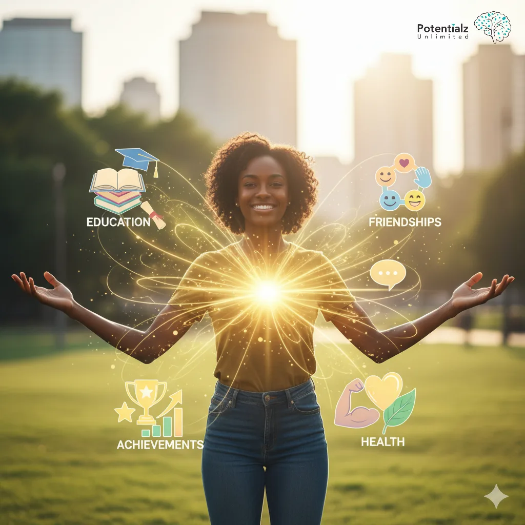 Overcoming anxiety though therapy with a psychologist a confident individual shines surrounded by symbols of education, friendships, achievements, and health.