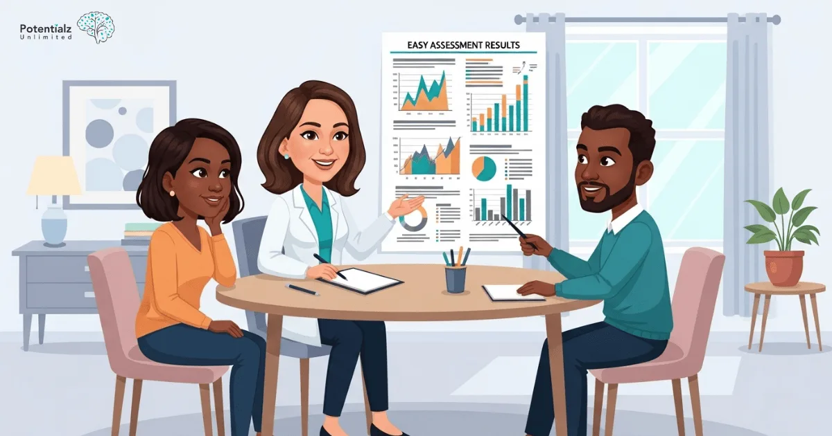 A supportive counselor explaining assessment results to parents