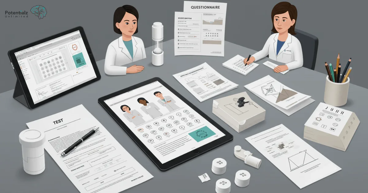 Professionals inspecting assessment materials