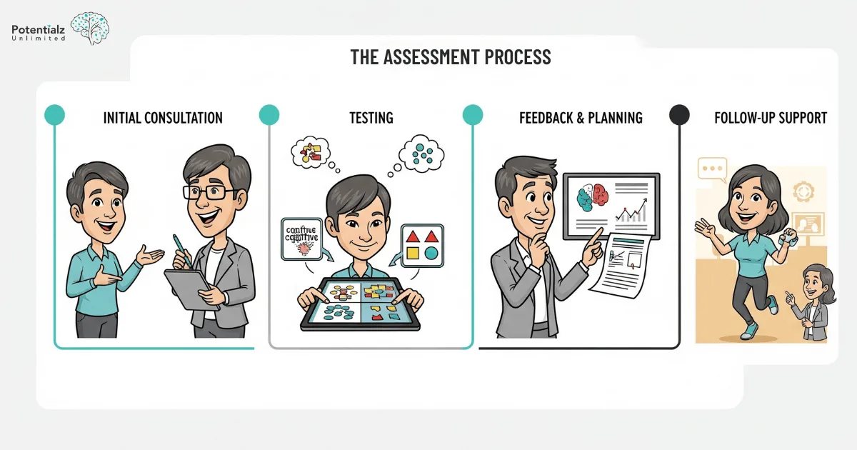 the usual cognitive assessment process, featuring four stages: initial consultation, testing, feedback and planning, and follow-up support.