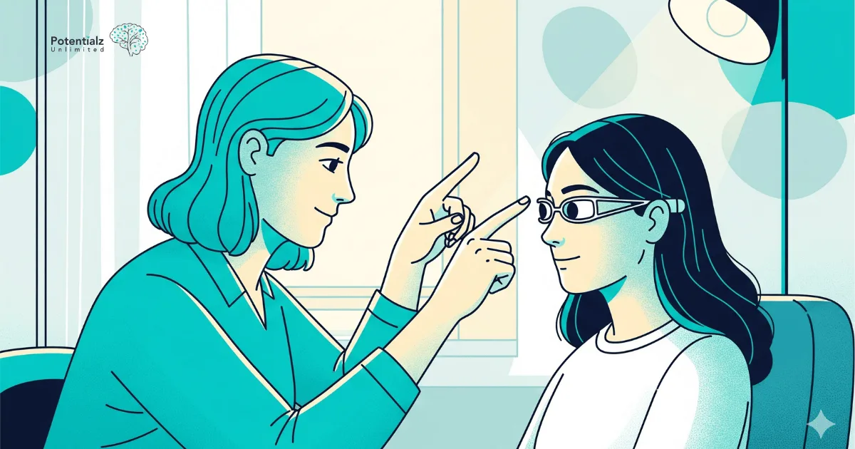 Facilitator engaging in bilateral stimulation with a client during an EMDR therapy session, using finger movements to guide eye tracking for therapeutic processing.