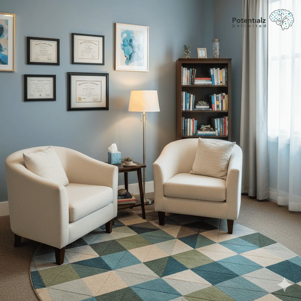 A calming EMDR therapy room with comfortable seating and professional certifications on the wall, creating a welcoming and safe therapeutic environment.