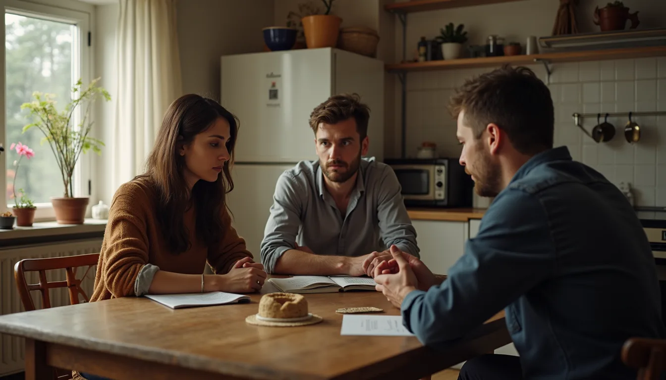 High angle view of a family discussion