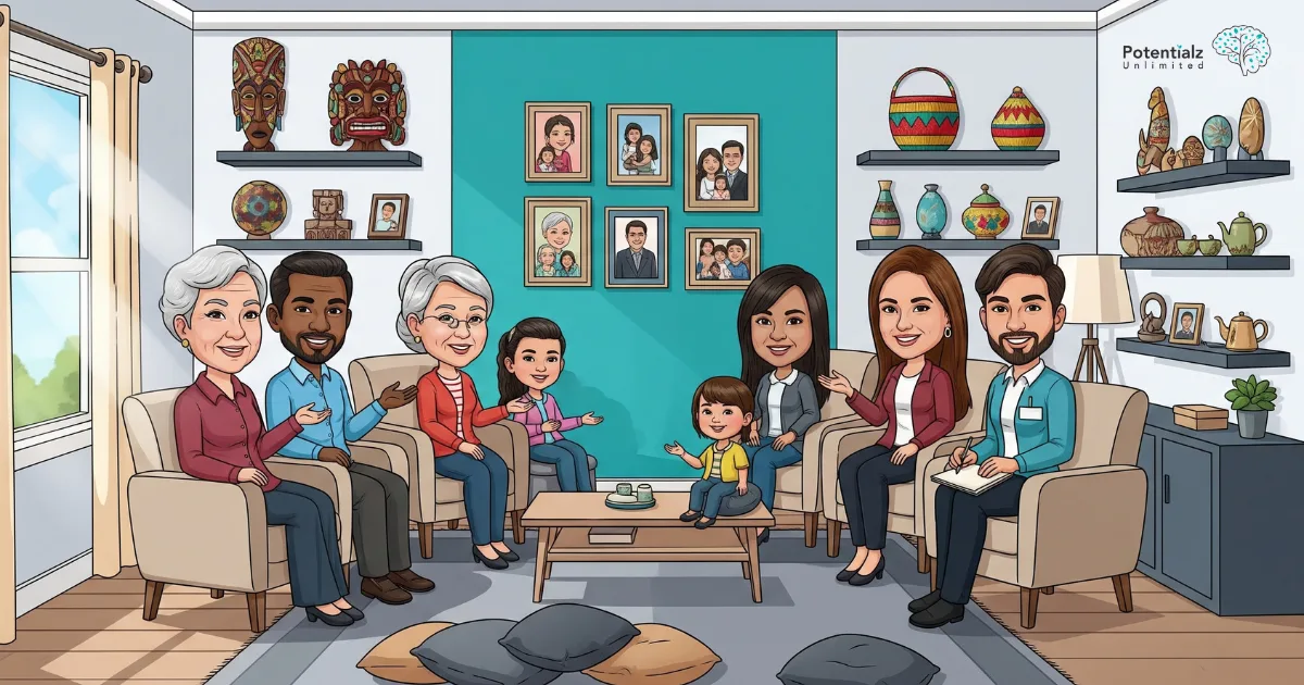 A warm gathering of a multi-generational family in a cozy living room, surrounded by cultural decor and family portraits.