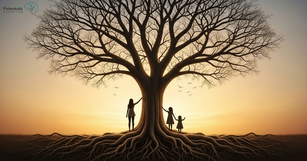 A majestic tree symbolizes strength and growth, with deep roots representing cultural heritage and expansive branches epitomizing adaptation and new beginnings, as figures connect with its enduring presence against a serene sunset.