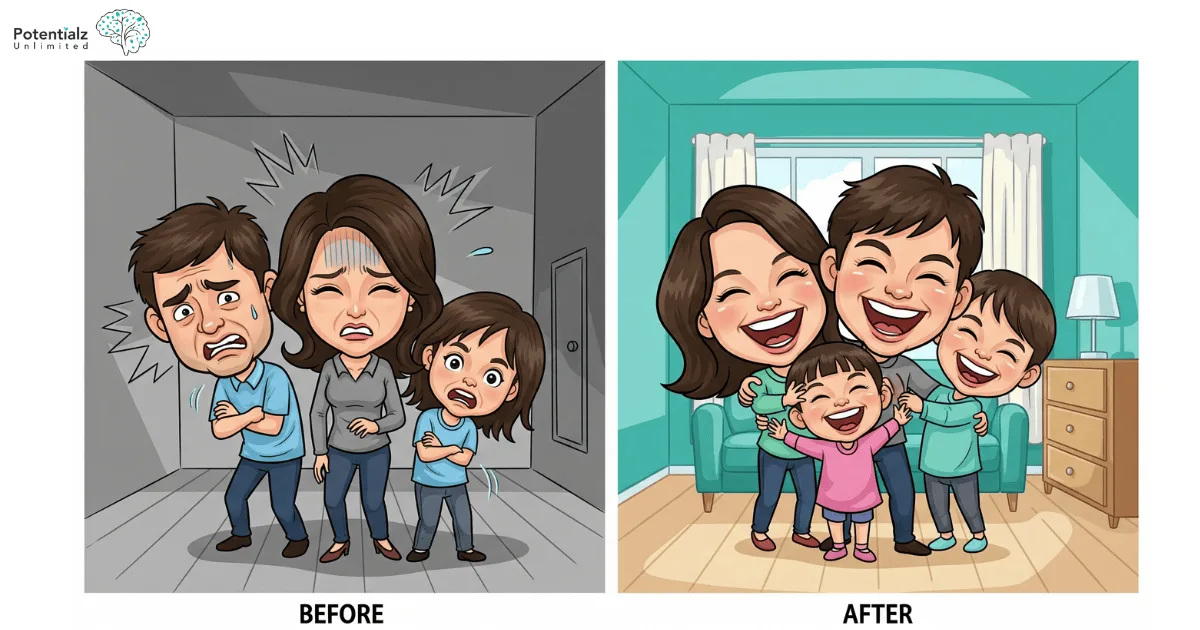 
The transformative power of therapy: From stress and conflict to joy and togetherness in family life.