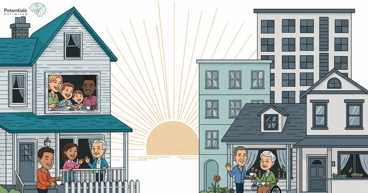 Sunrise illuminates a vibrant neighborhood, highlighting the diverse and joyful community within.