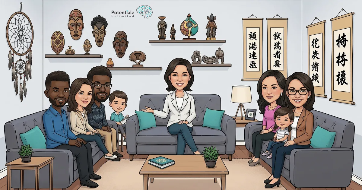 A therapy session showing a therapist working with a multicultural family