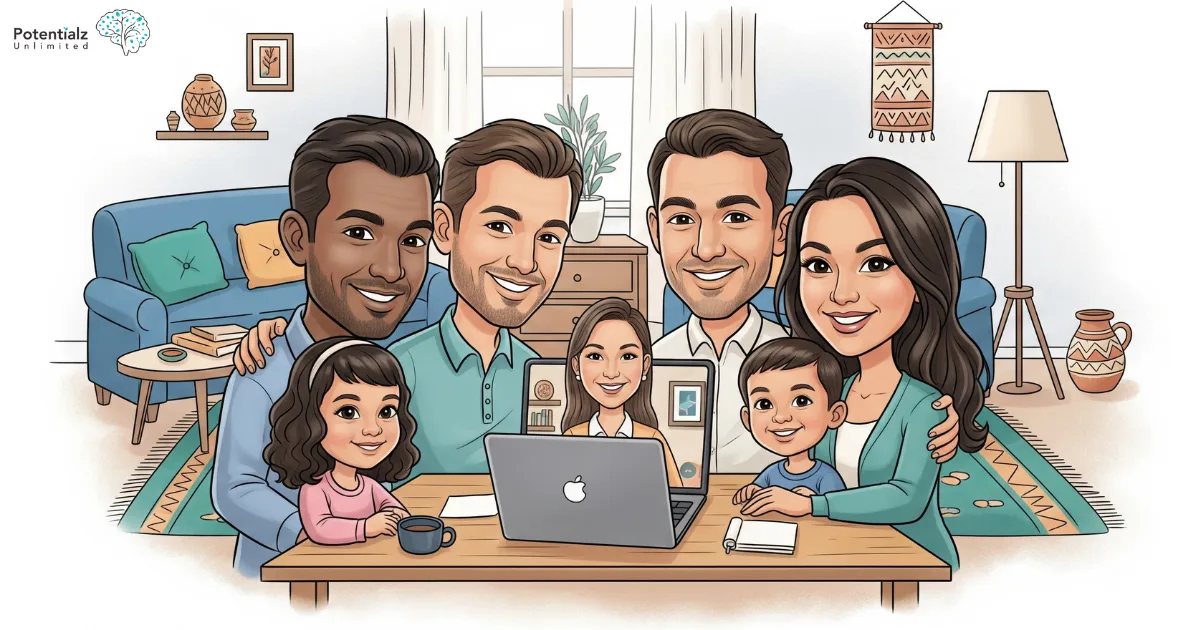 A family connecting through video call with their therapist