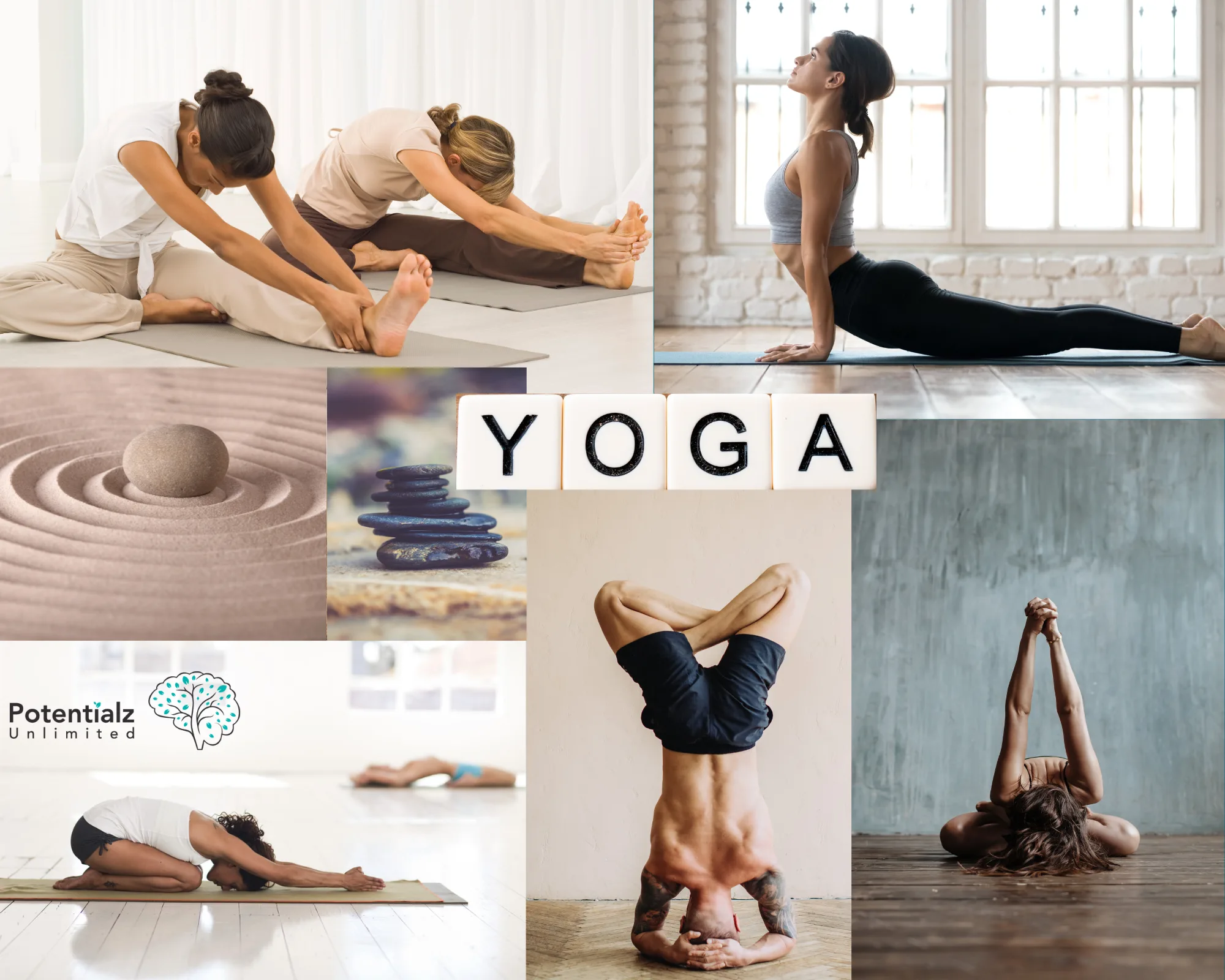 a collage of different yoga postures