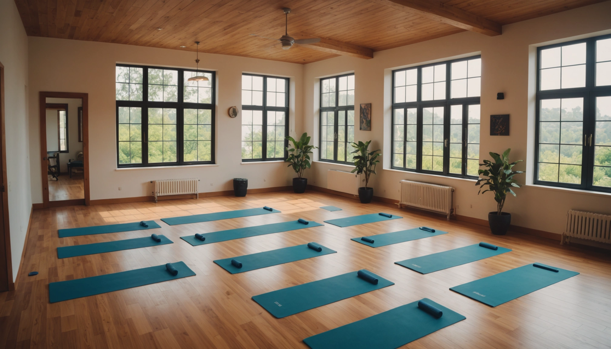 High-angle view of peaceful yoga studio with natural light