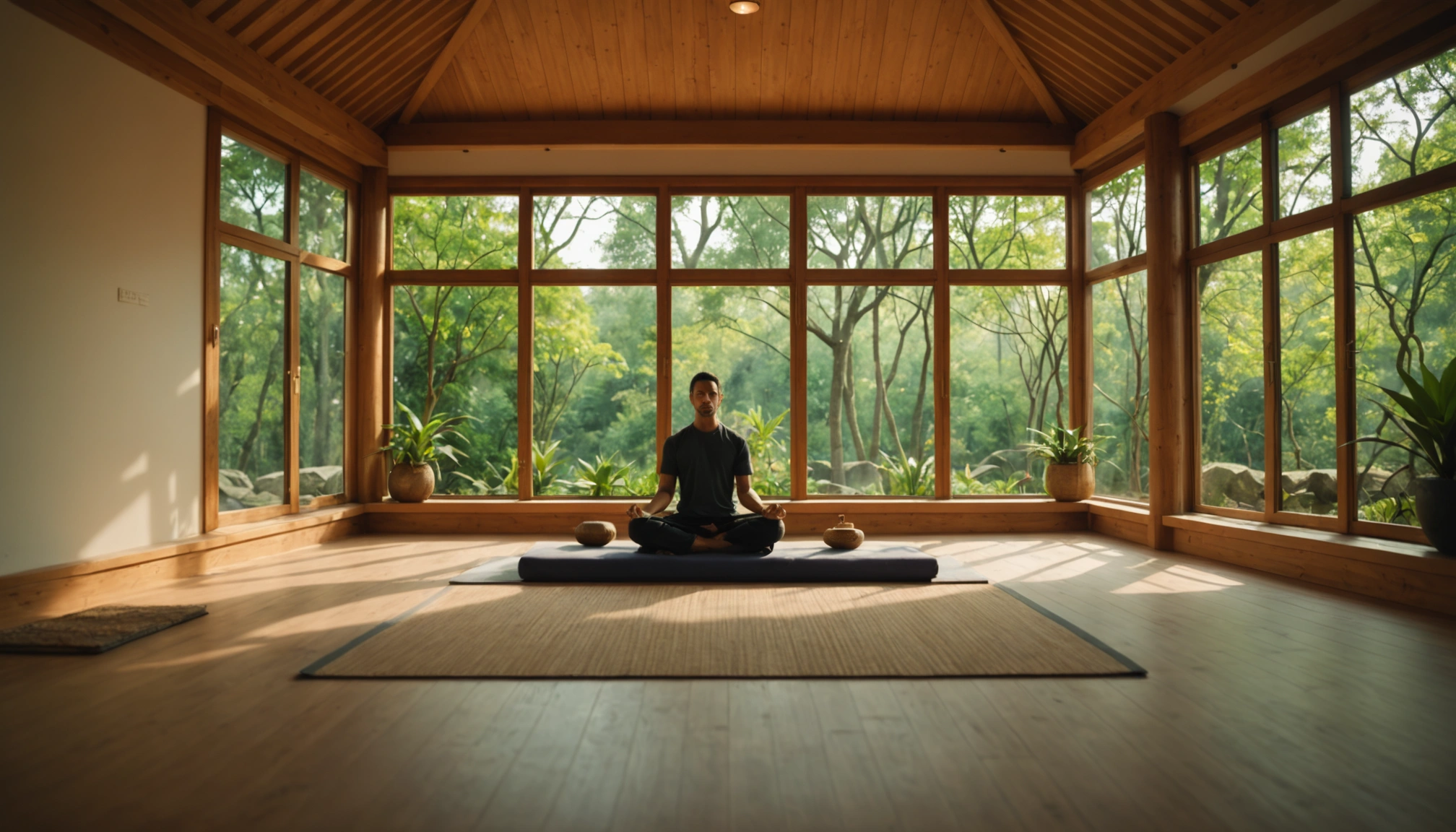 Wide angle view of tranquil meditation space with soft lighting