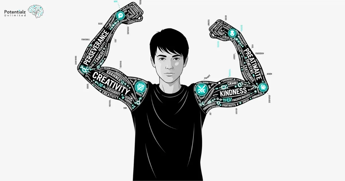 A teenager  showing character strengths like 'perseverance,' 'creativity,' and 'kindness'