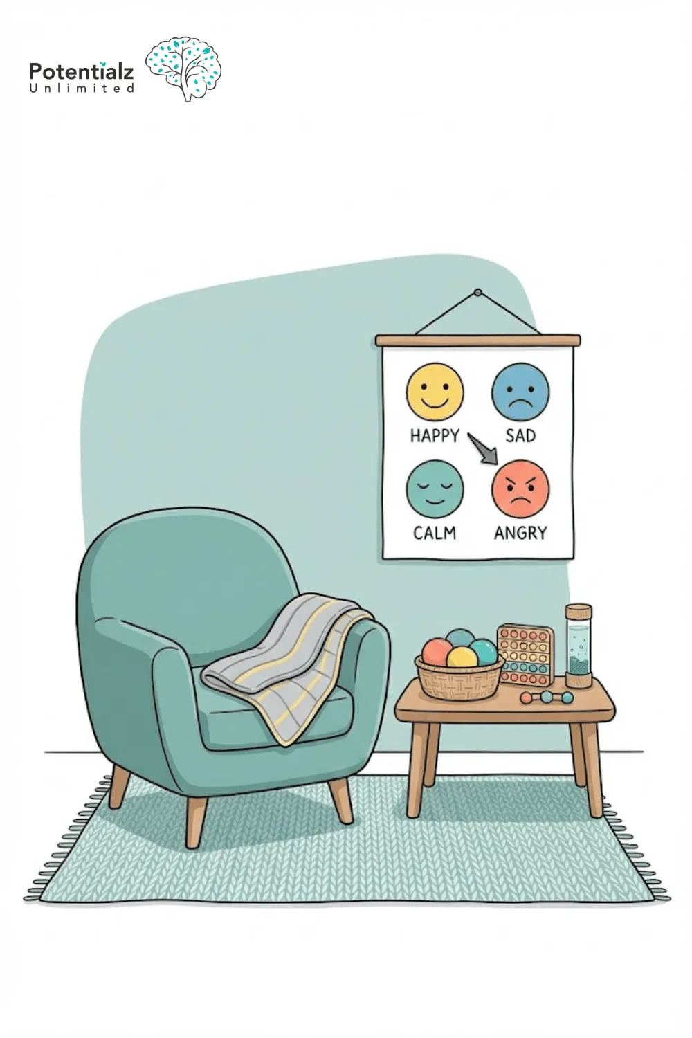 A calming corner in a child's room, featuring a comfortable chair with a weighted blanket, sensory tools like stress balls and fidgets, and an emotion chart to help kids navigate their feelings.
