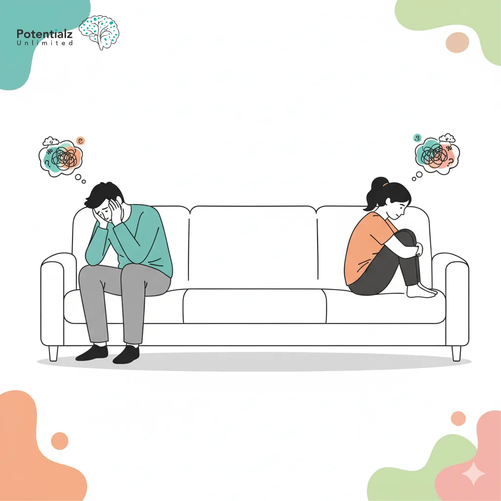 A couple sits on opposite ends of a couch, each lost in their own tangled thoughts, illustrating the mental struggle and communication barriers in relationship OCD.