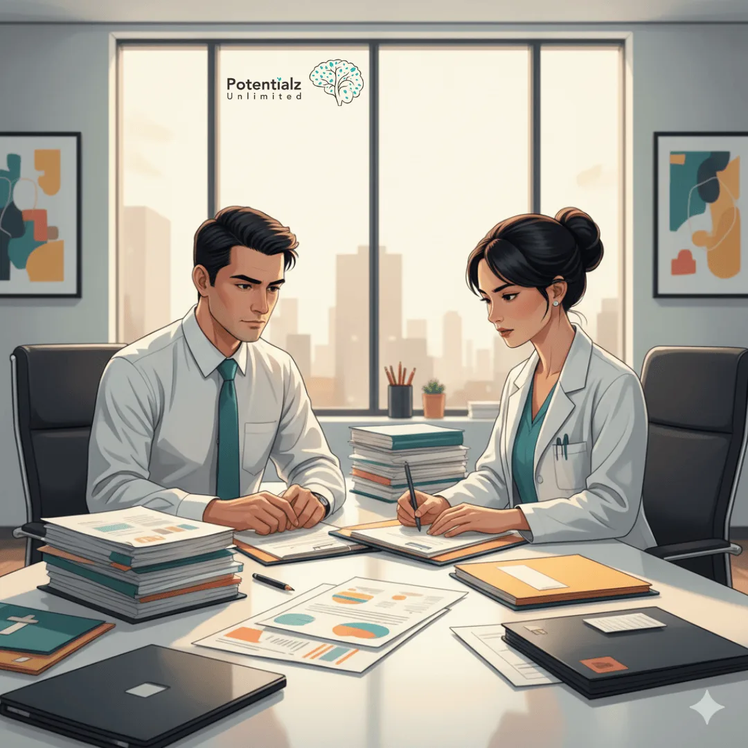 
In a modern office, a lawyer and psychologist collaboratively review client report requirements, fostering a professional discussion.